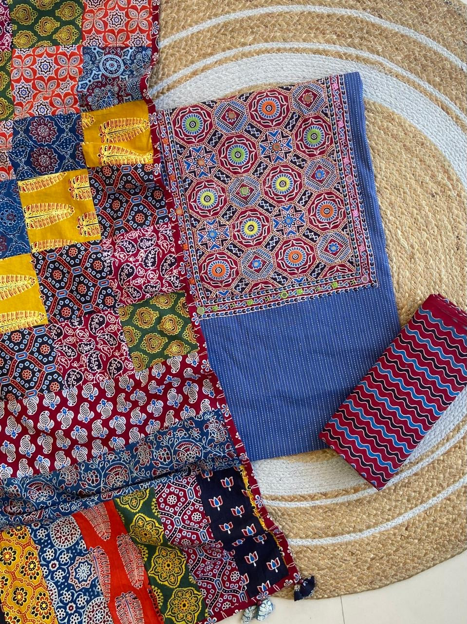 Ajrakh Patch Work Kantha Suit Set â Elegant Handcrafted Cotton Suit â¨
