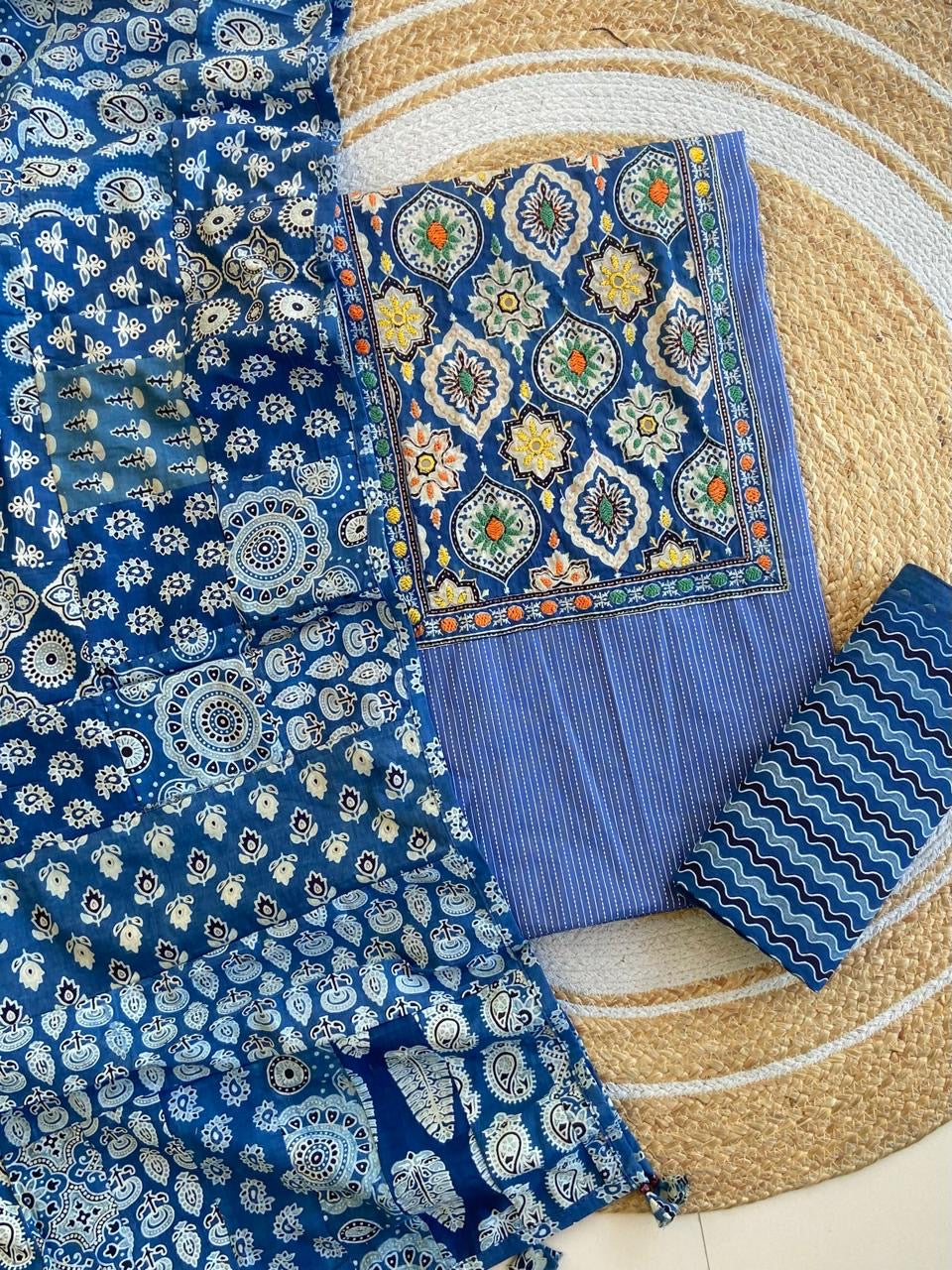 Ajrakh Patch Work Kantha Suit Set â Elegant Handcrafted Cotton Suit â¨