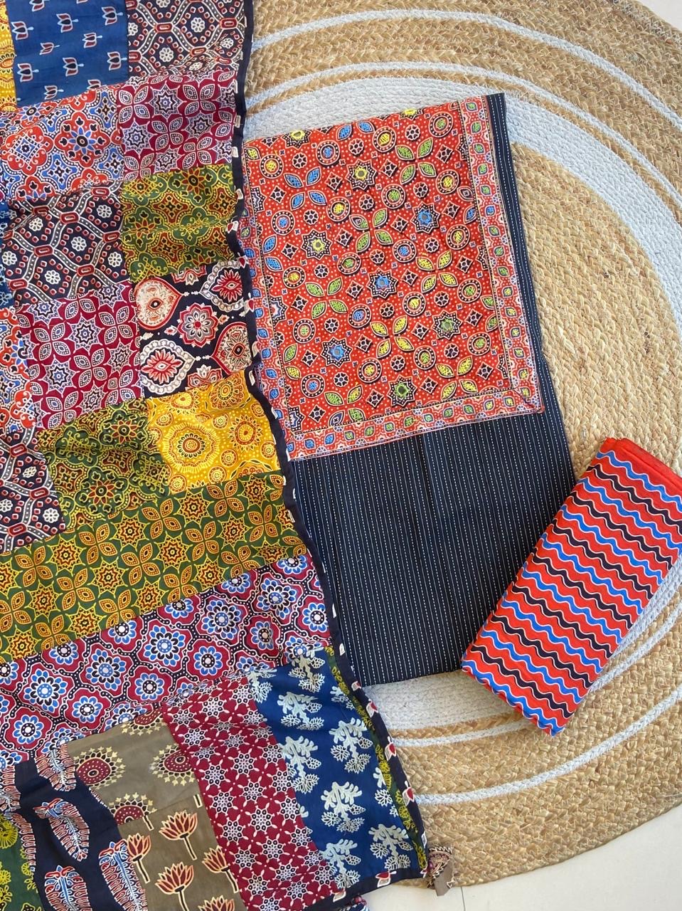 Ajrakh Patch Work Kantha Suit Set â Elegant Handcrafted Cotton Suit â¨