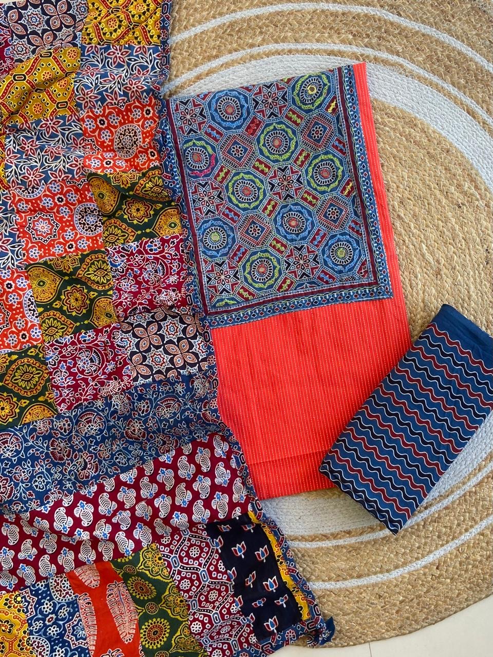 Ajrakh Patch Work Kantha Suit Set â Elegant Handcrafted Cotton Suit â¨
