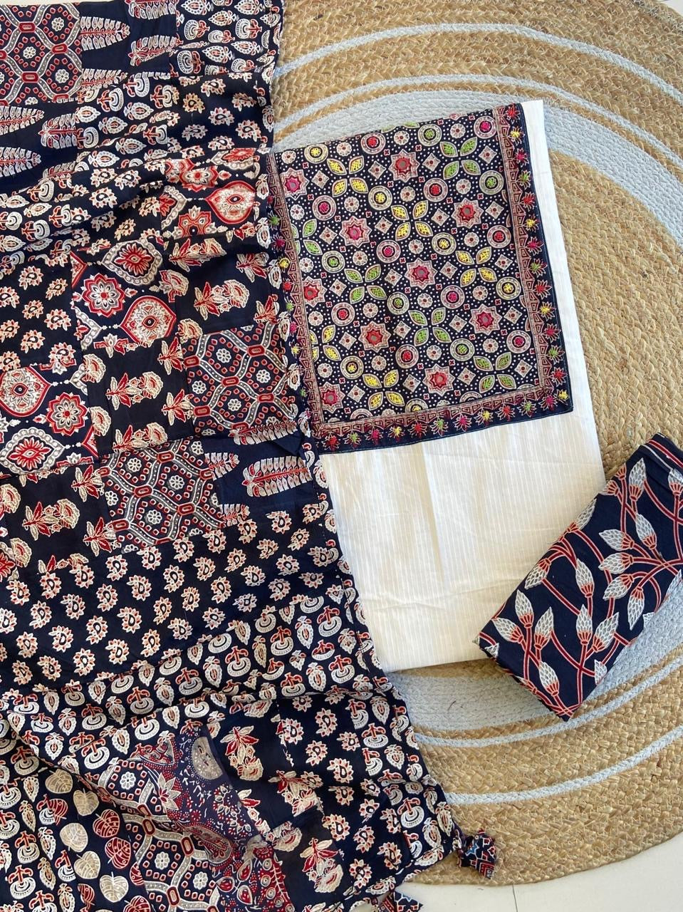 Ajrakh Patch Work Kantha Suit Set â Elegant Handcrafted Cotton Suit â¨
