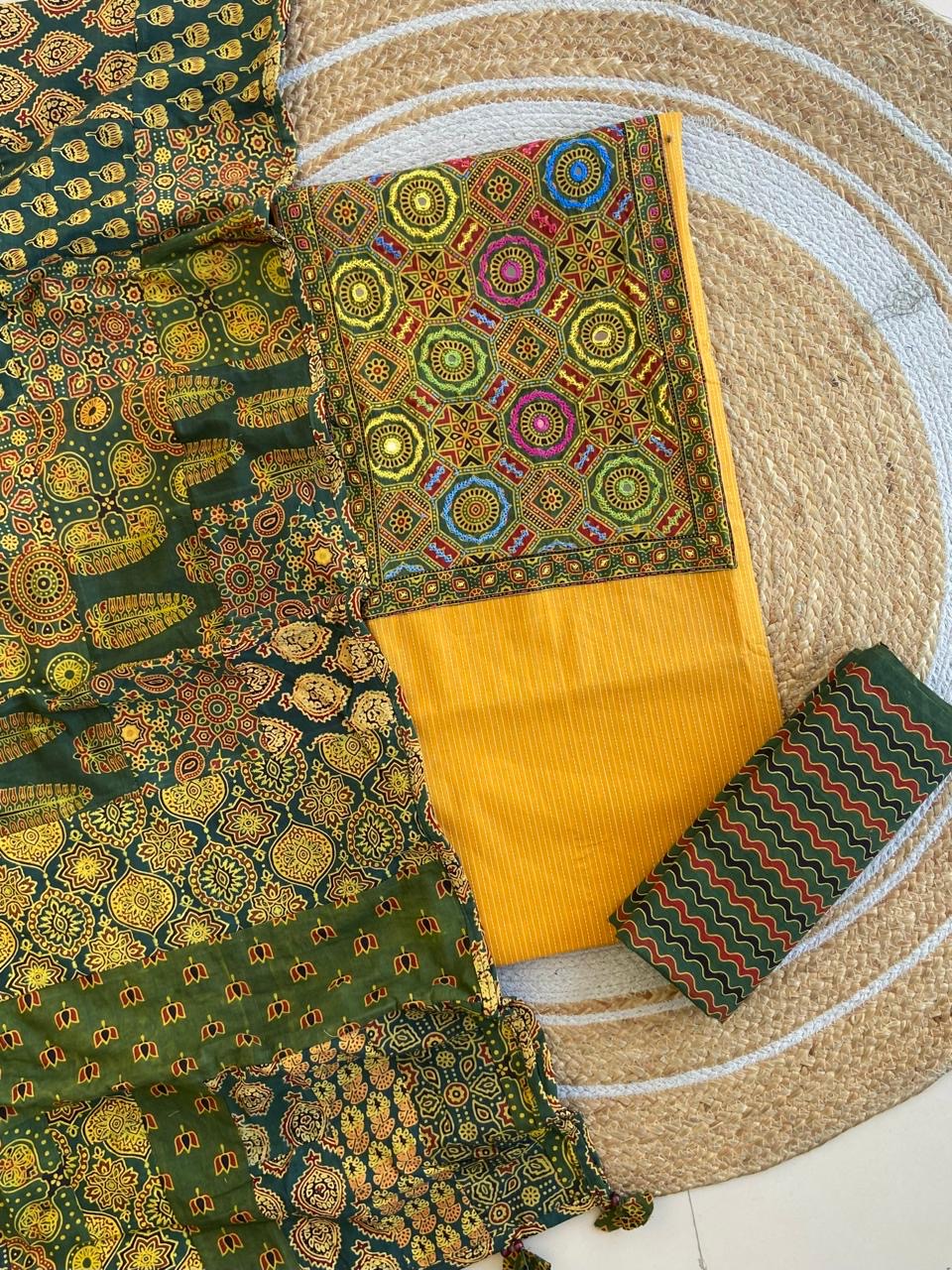 Ajrakh Patch Work Kantha Suit Set â Elegant Handcrafted Cotton Suit â¨