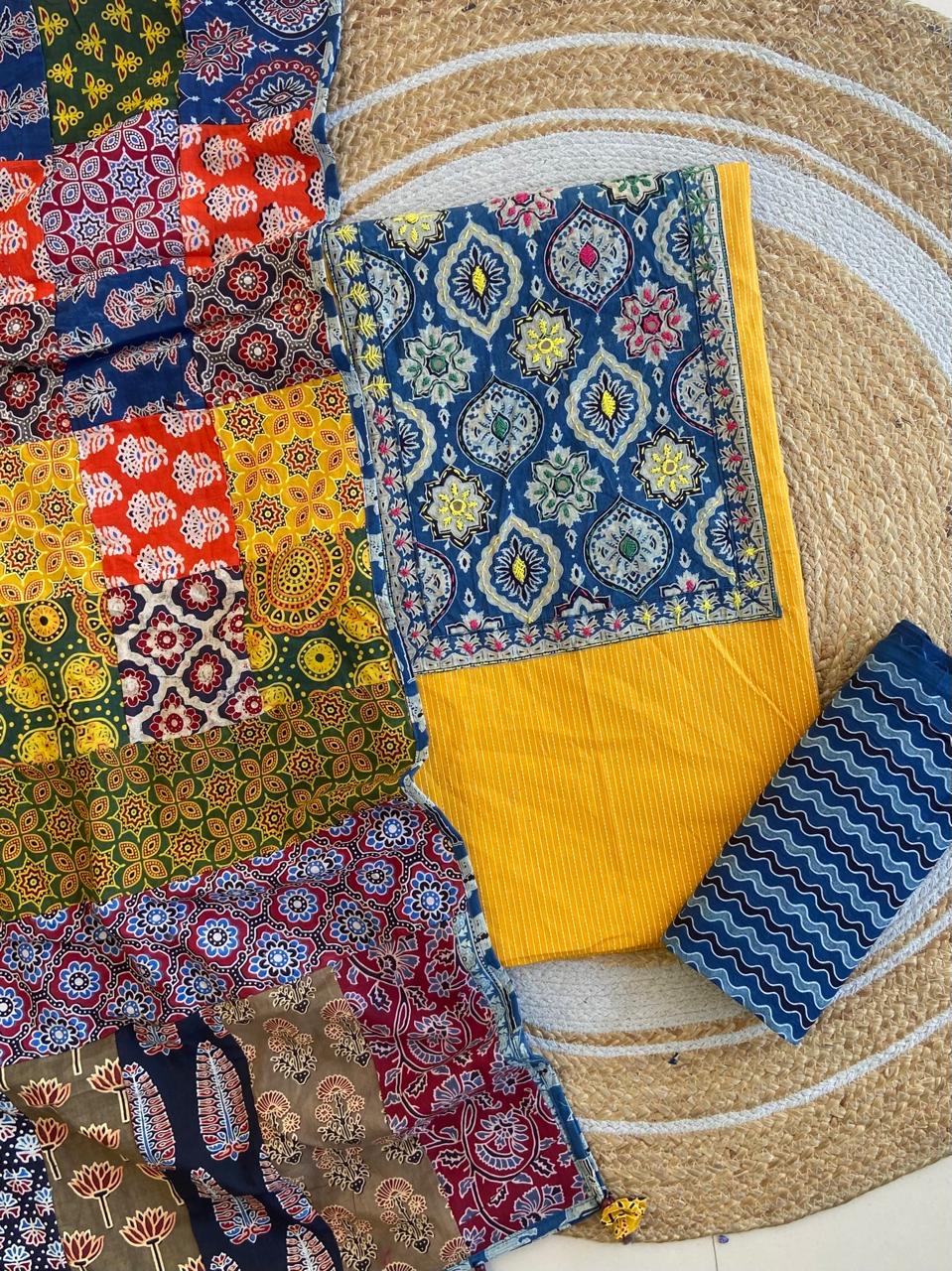 Ajrakh Patch Work Kantha Suit Set â Elegant Handcrafted Cotton Suit â¨