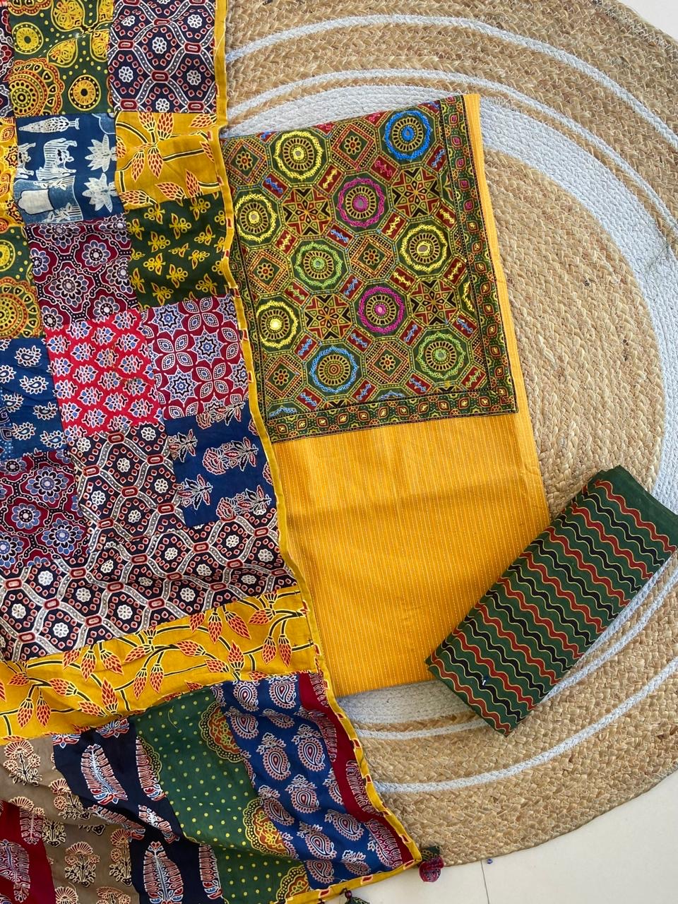 Ajrakh Patch Work Kantha Suit Set â Elegant Handcrafted Cotton Suit â¨