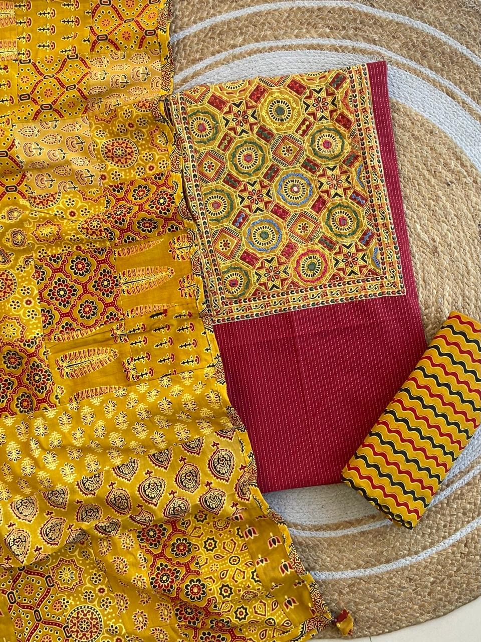 Ajrakh Patch Work Kantha Suit Set â Elegant Handcrafted Cotton Suit â¨