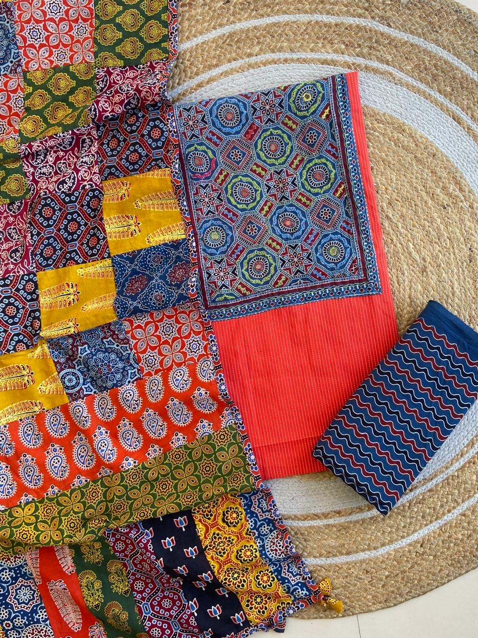 Ajrakh Patch Work Kantha Suit Set â Elegant Handcrafted Cotton Suit â¨
