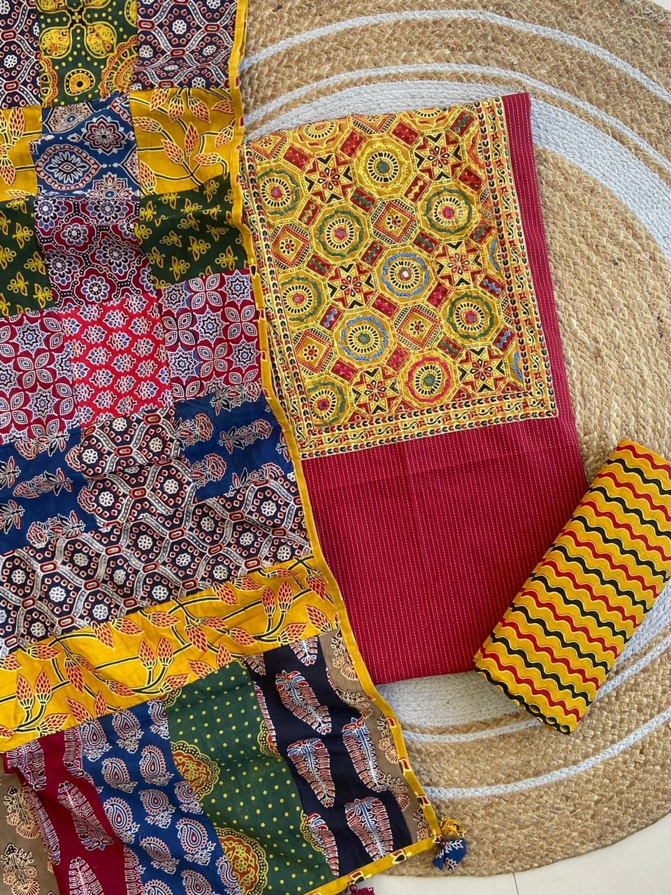 Ajrakh Patch Work Kantha Suit Set â Elegant Handcrafted Cotton Suit â¨