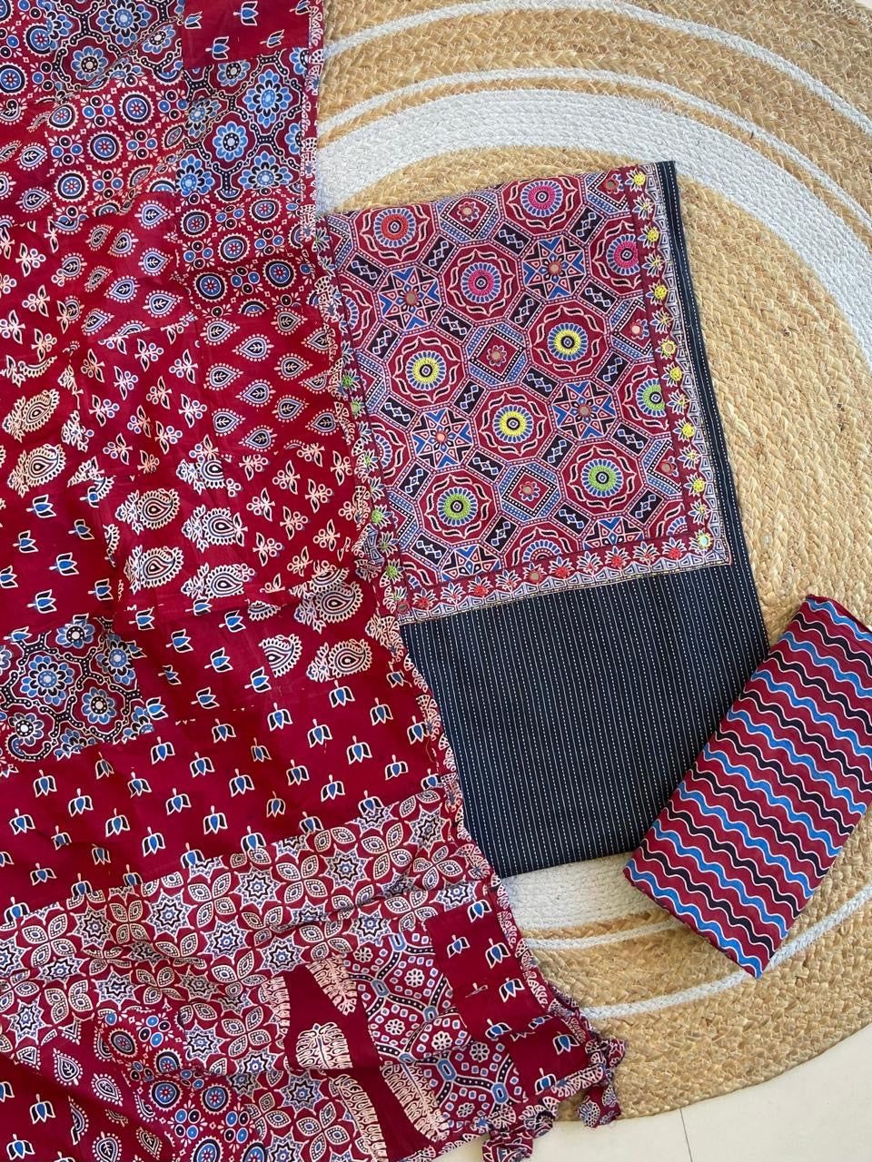 Ajrakh Patch Work Kantha Suit Set â Elegant Handcrafted Cotton Suit â¨