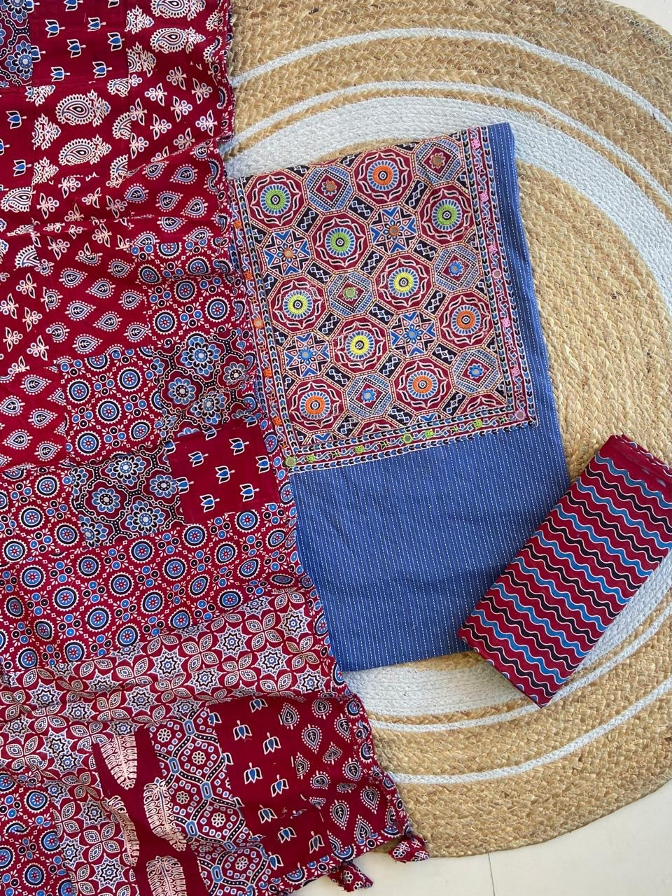Ajrakh Patch Work Kantha Suit Set â Elegant Handcrafted Cotton Suit â¨