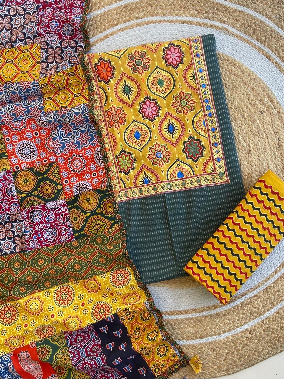 Ajrakh Patch Work Kantha Suit Set â Elegant Handcrafted Cotton Suit â¨