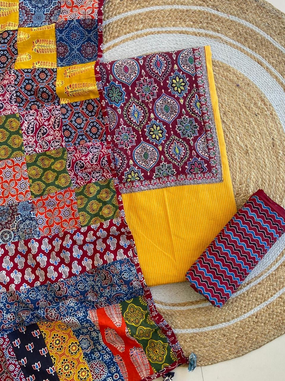 Ajrakh Patch Work Kantha Suit Set â Elegant Handcrafted Cotton Suit â¨