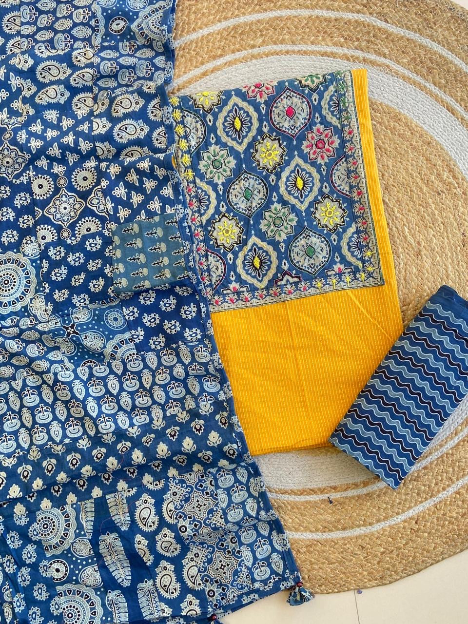 Ajrakh Patch Work Kantha Suit Set â Elegant Handcrafted Cotton Suit â¨