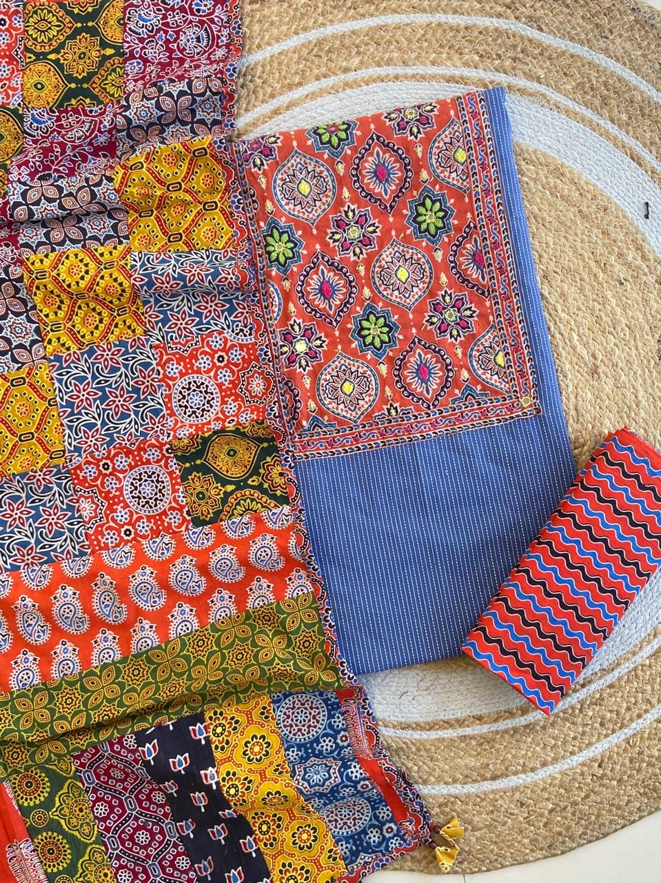 Ajrakh Patch Work Kantha Suit Set â Elegant Handcrafted Cotton Suit â¨