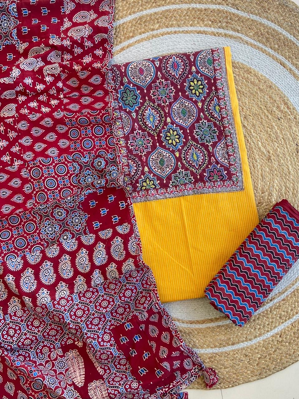 Ajrakh Patch Work Kantha Suit Set â Elegant Handcrafted Cotton Suit â¨