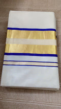 Premium Kerala Cotton Striped Kasavu Saree with Royal Blue Border