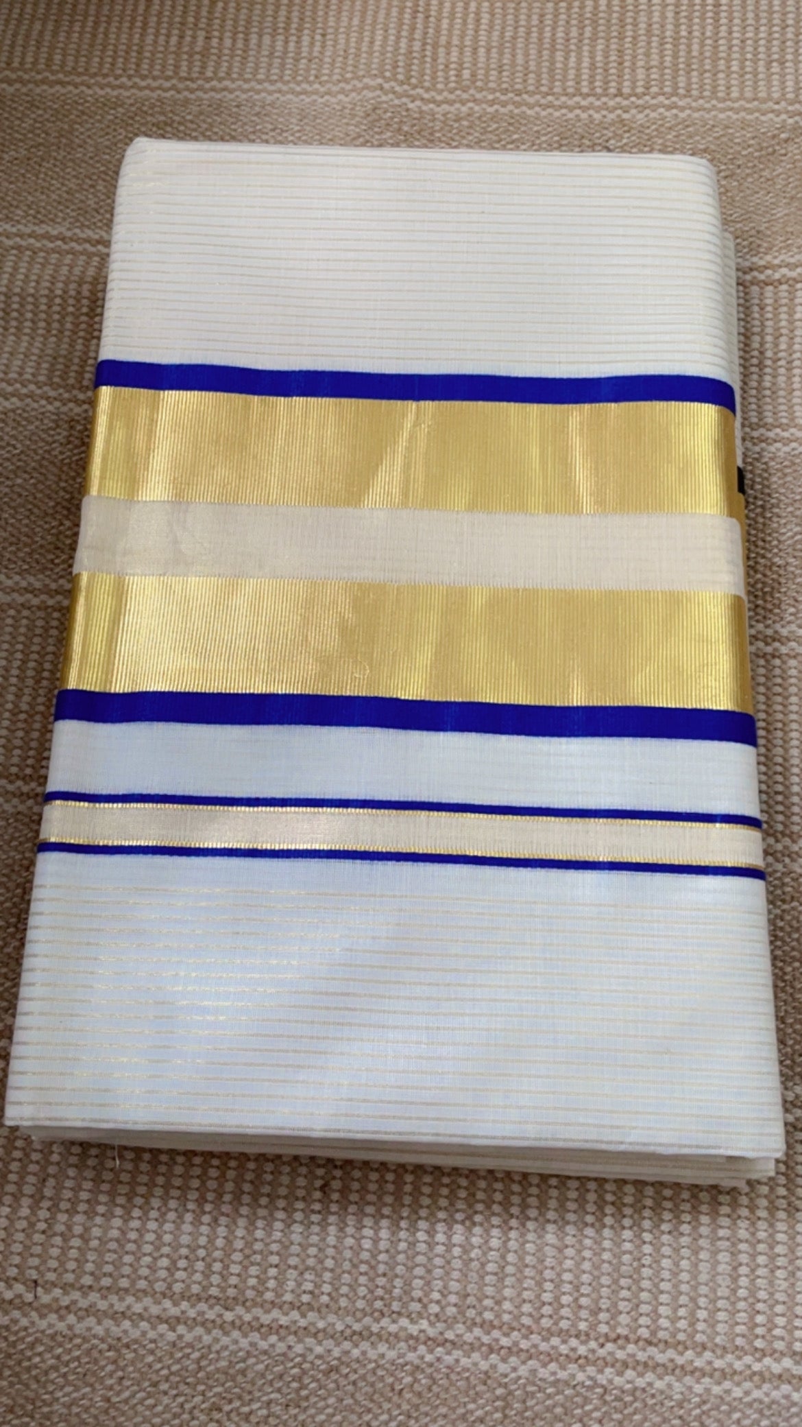 Premium Kerala Cotton Striped Kasavu Saree with Royal Blue Border