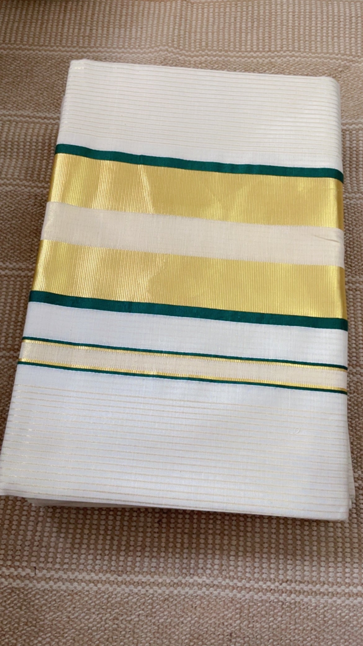 Premium Kerala Cotton Kasavu Saree with Striped Kasavu Design - Green Border