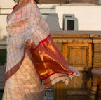 Handpicked for You Pure Handloom Maheshwari Saree – White & Red Checks with Gold Zari Pallu