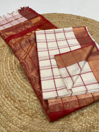 Handpicked for You Pure Handloom Maheshwari Saree – White & Red Checks with Gold Zari Pallu