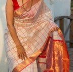 Handpicked for You Pure Handloom Maheshwari Saree – White & Red Checks with Gold Zari Pallu