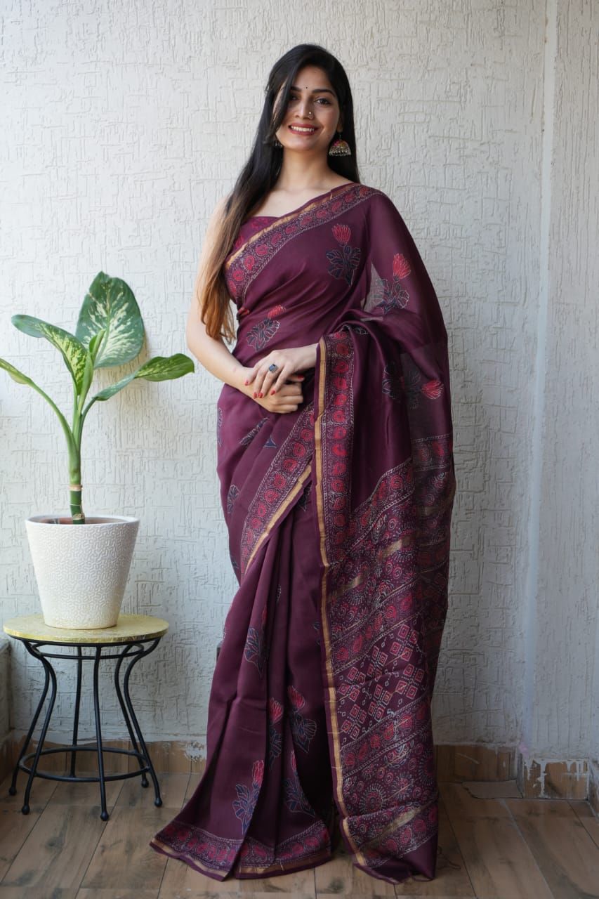 Pure Chanderi Silk Handblock Printed Saree