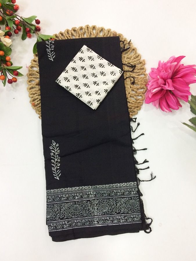 Cotton Blend Block Printed Saree