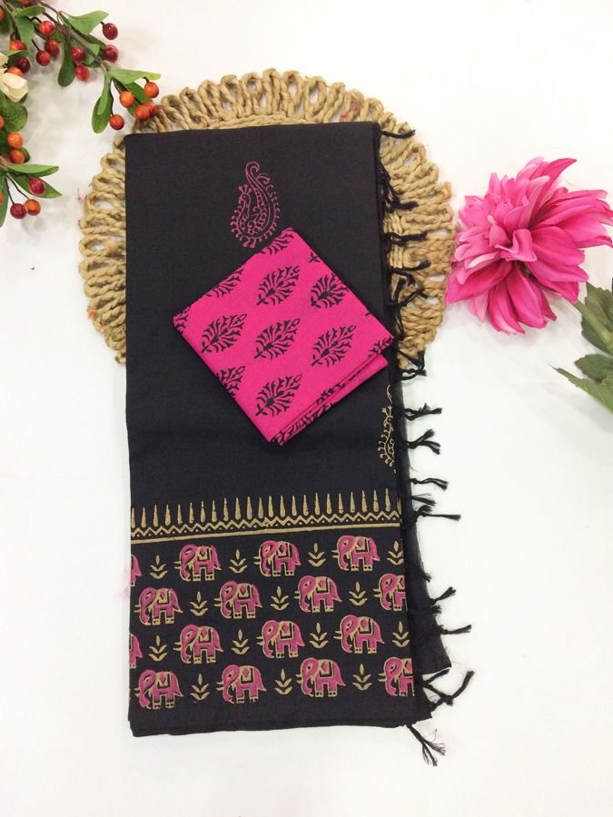 Cotton Blend Block Printed Saree