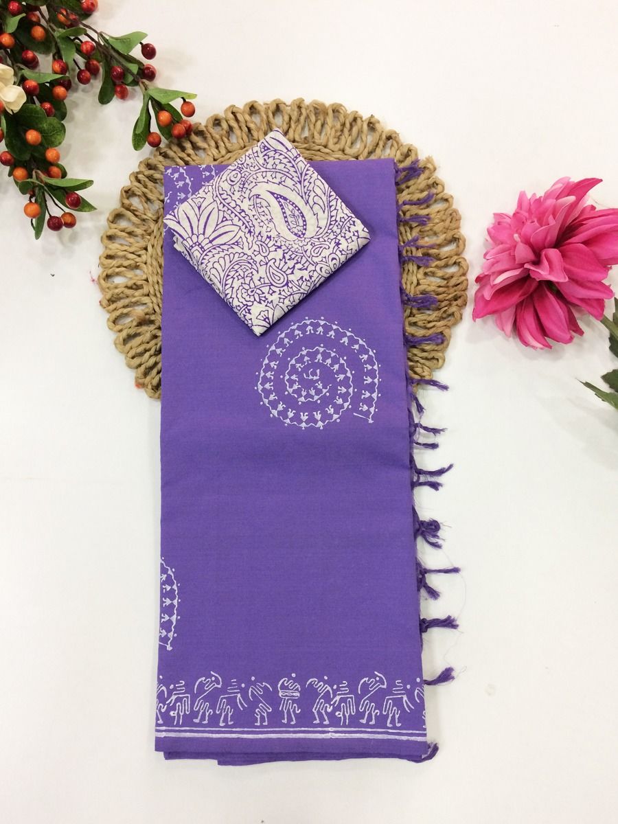 Cotton Blend Block Printed Saree