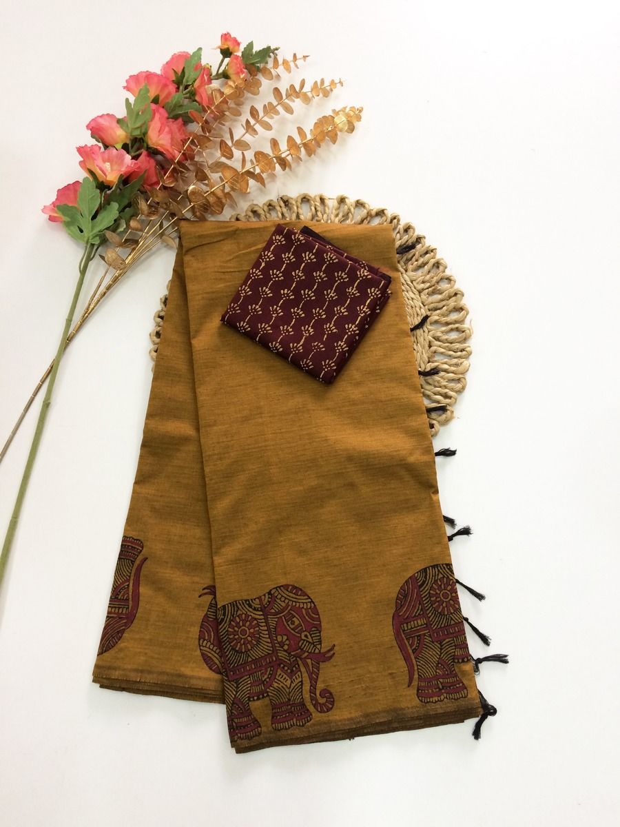 Cotton Blend Block Printed Saree