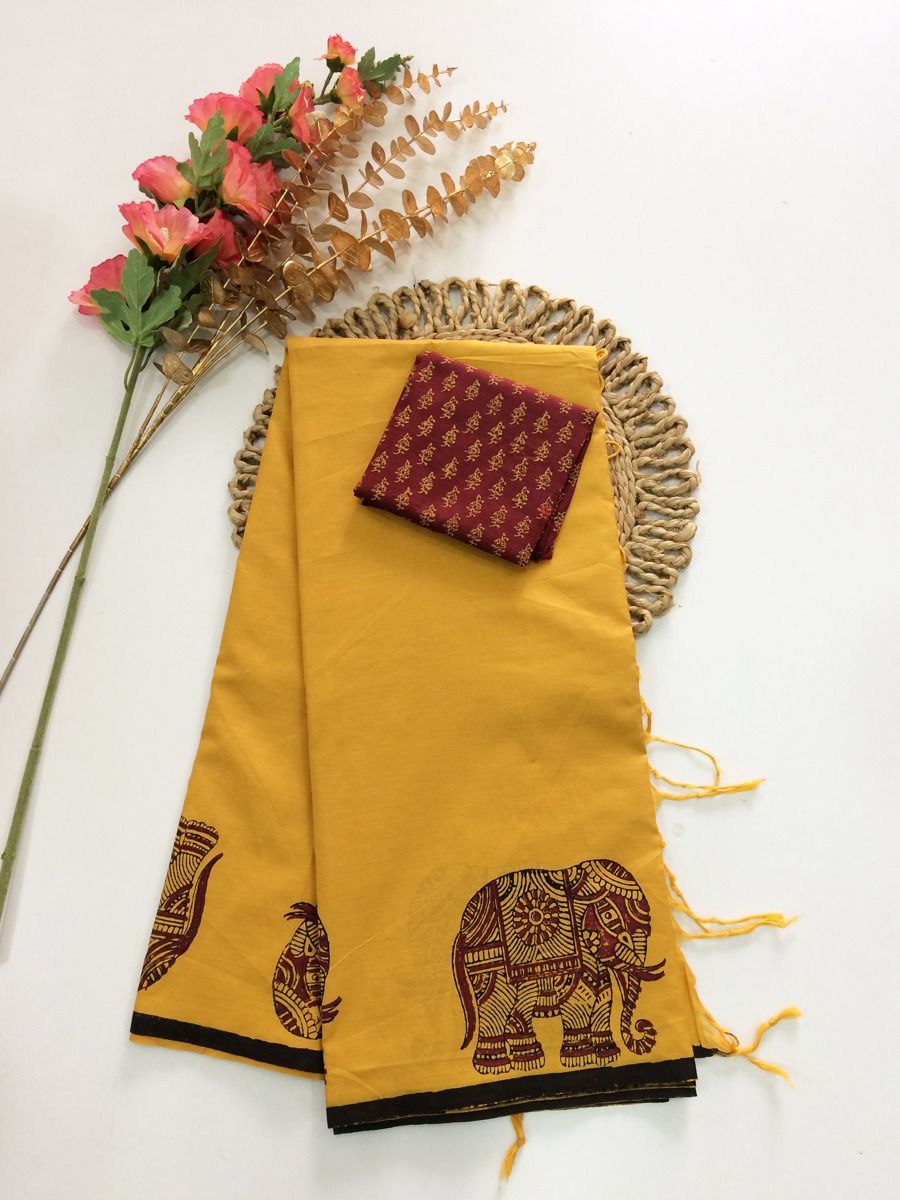 Cotton Blend Block Printed Saree