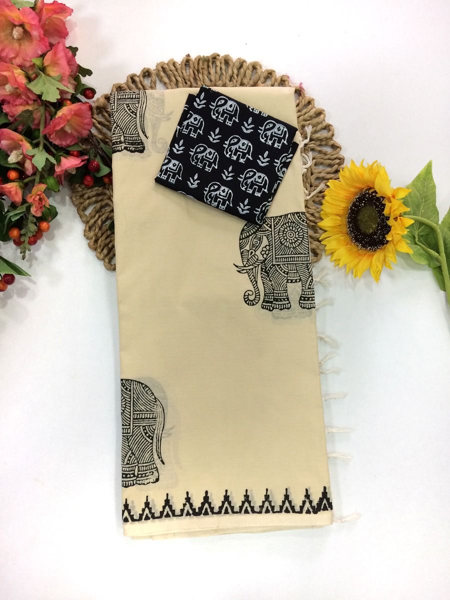 Cotton Blend Elephant Printed Saree