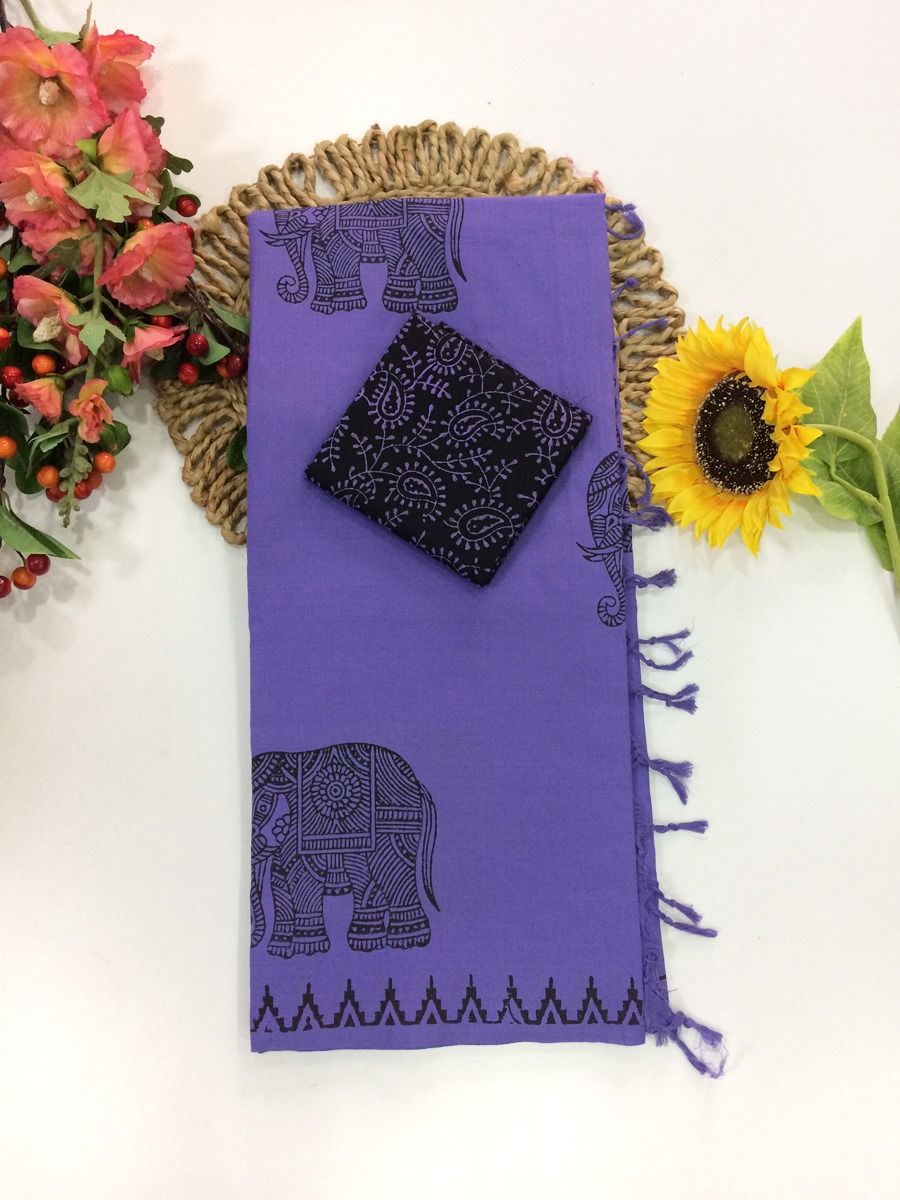 Cotton Blend Elephant Printed Saree