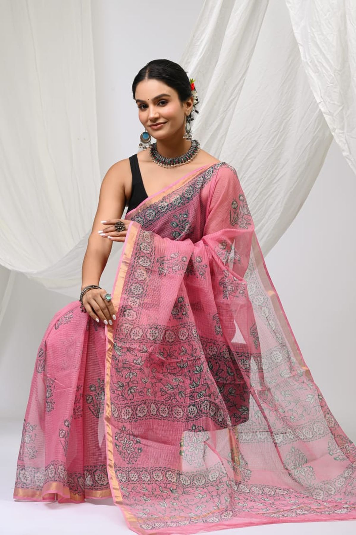 Pure Hand Block Printed Kota Doria Saree
