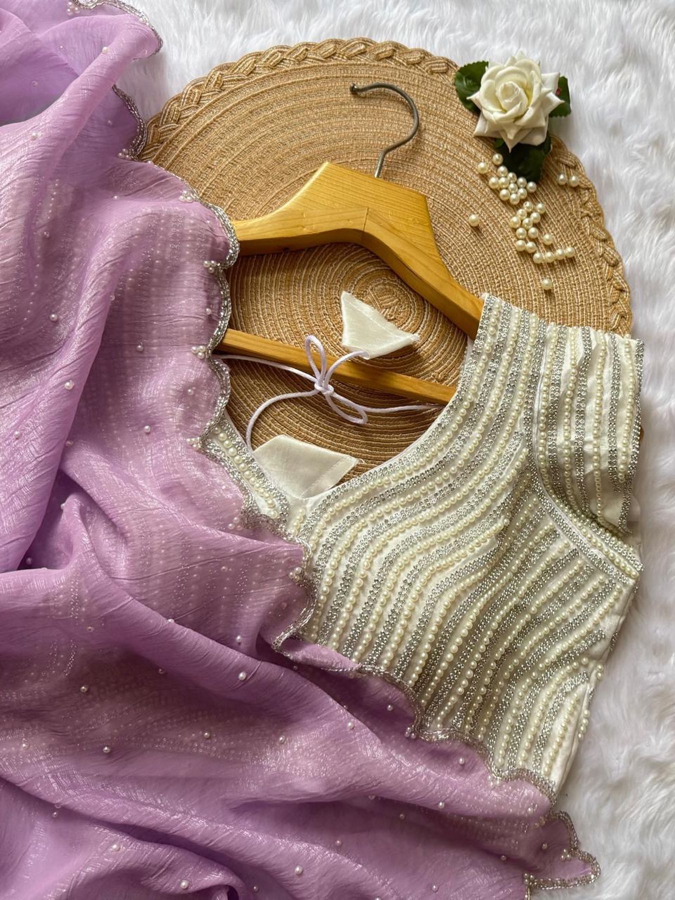 Designer crushed silk saree with pearl and Khatli handwork