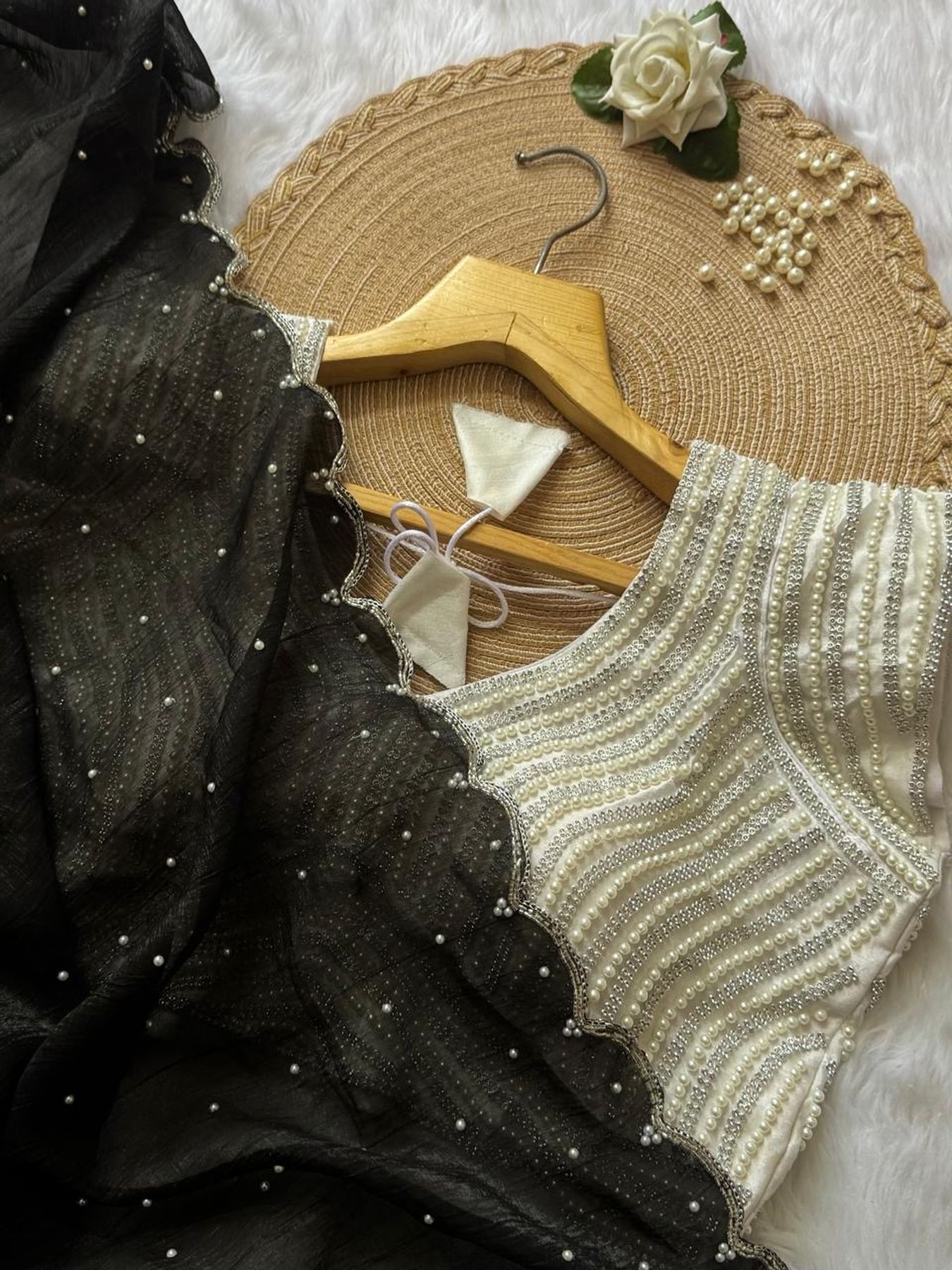 Designer crushed silk saree with pearl and Khatli handwork