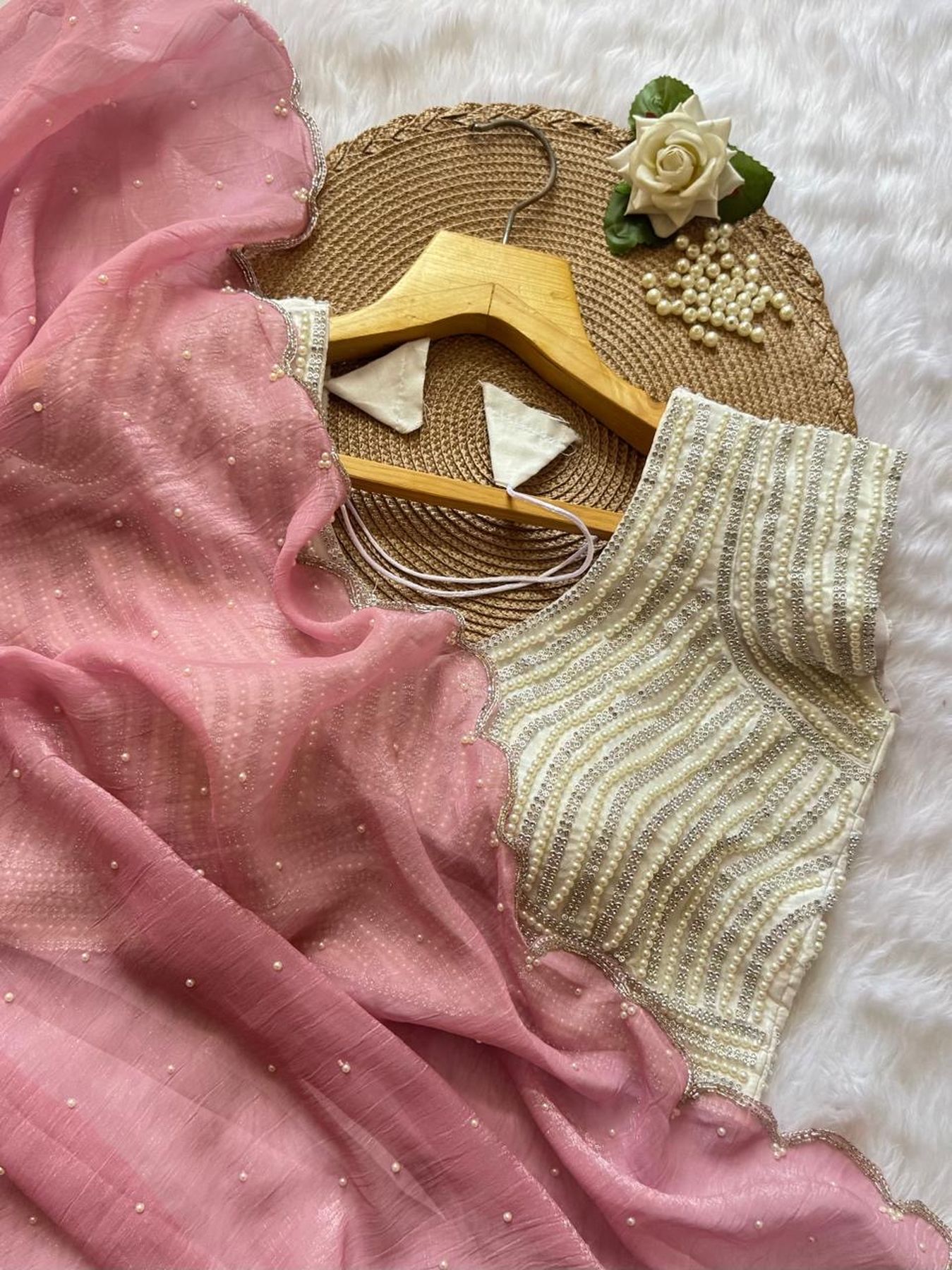 Designer crushed silk saree with pearl and Khatli handwork