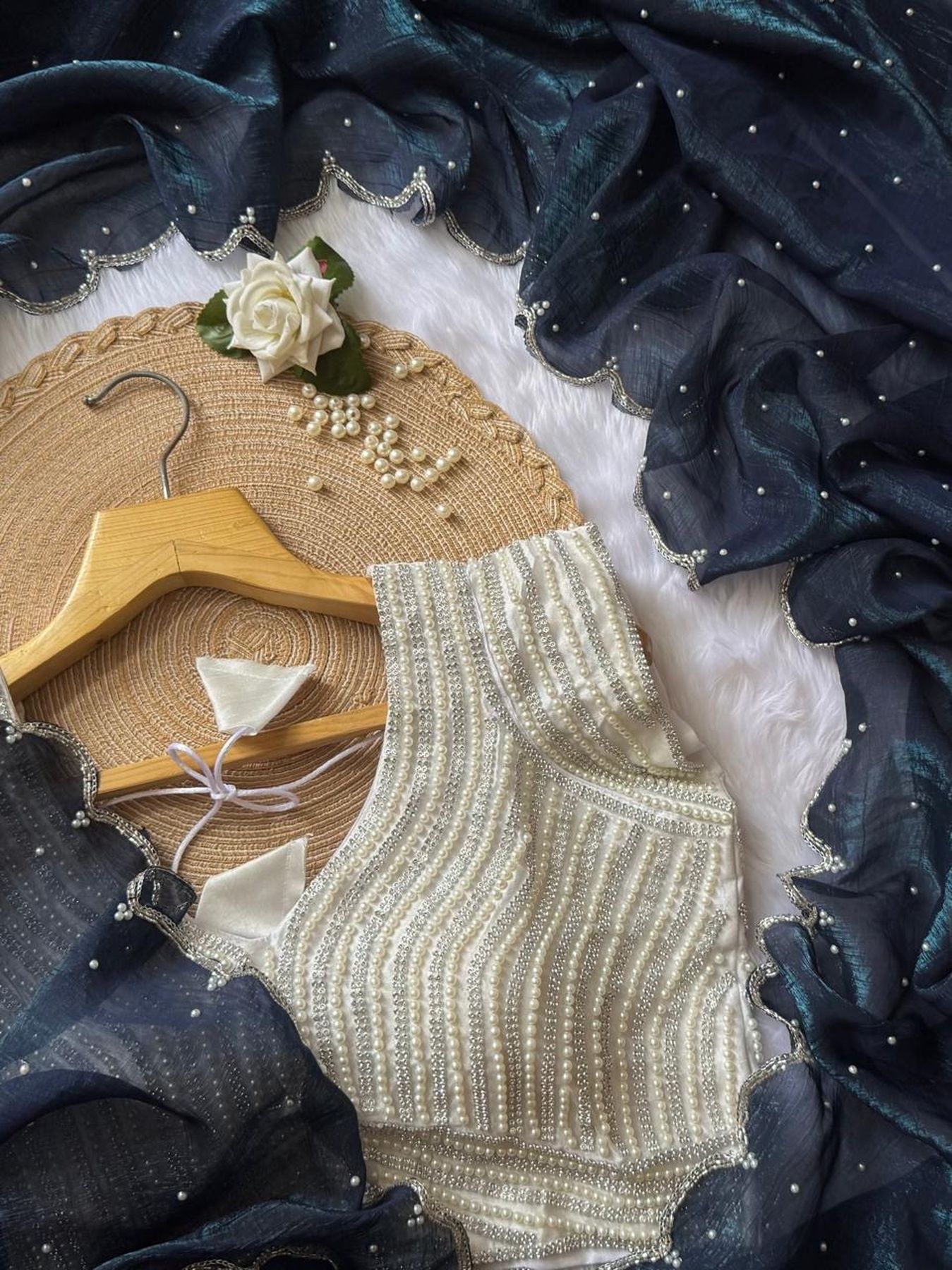 Designer crushed silk saree with pearl and Khatli handwork