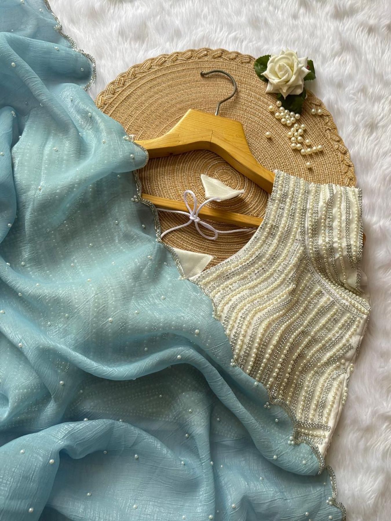 Designer crushed silk saree with pearl and Khatli handwork