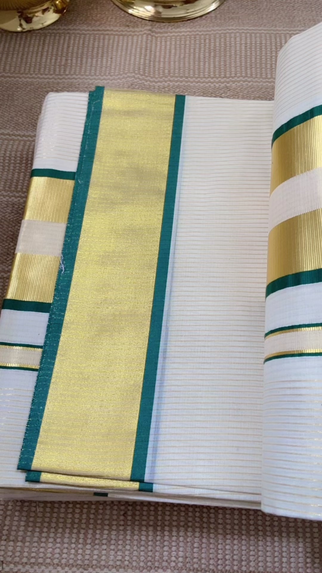 Premium Kerala Cotton Kasavu Saree with Striped Kasavu Design - Green Border