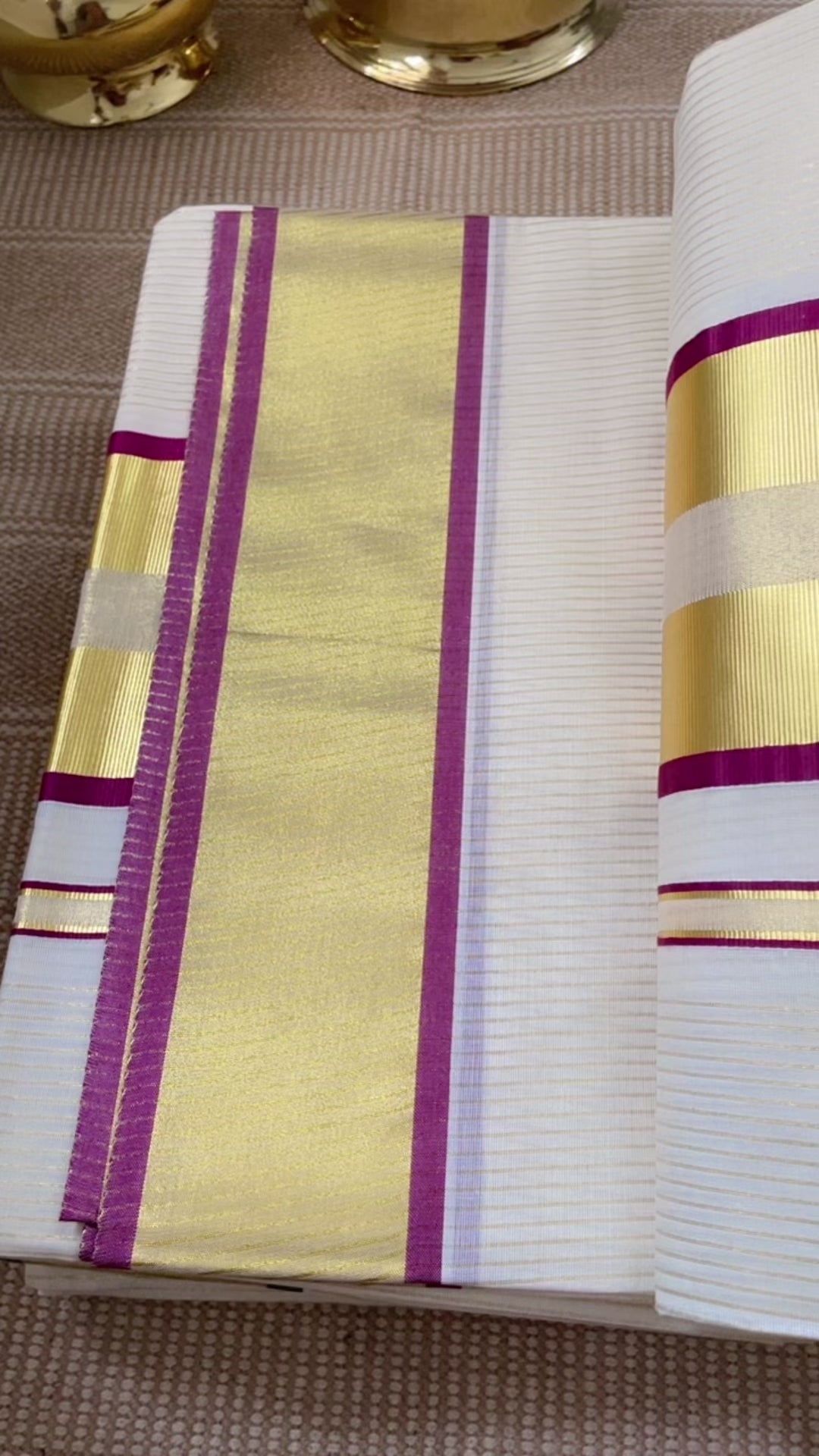 Premium Kerala Cotton Kasavu Saree with Striped Kasavu Design - Wine Colour Border