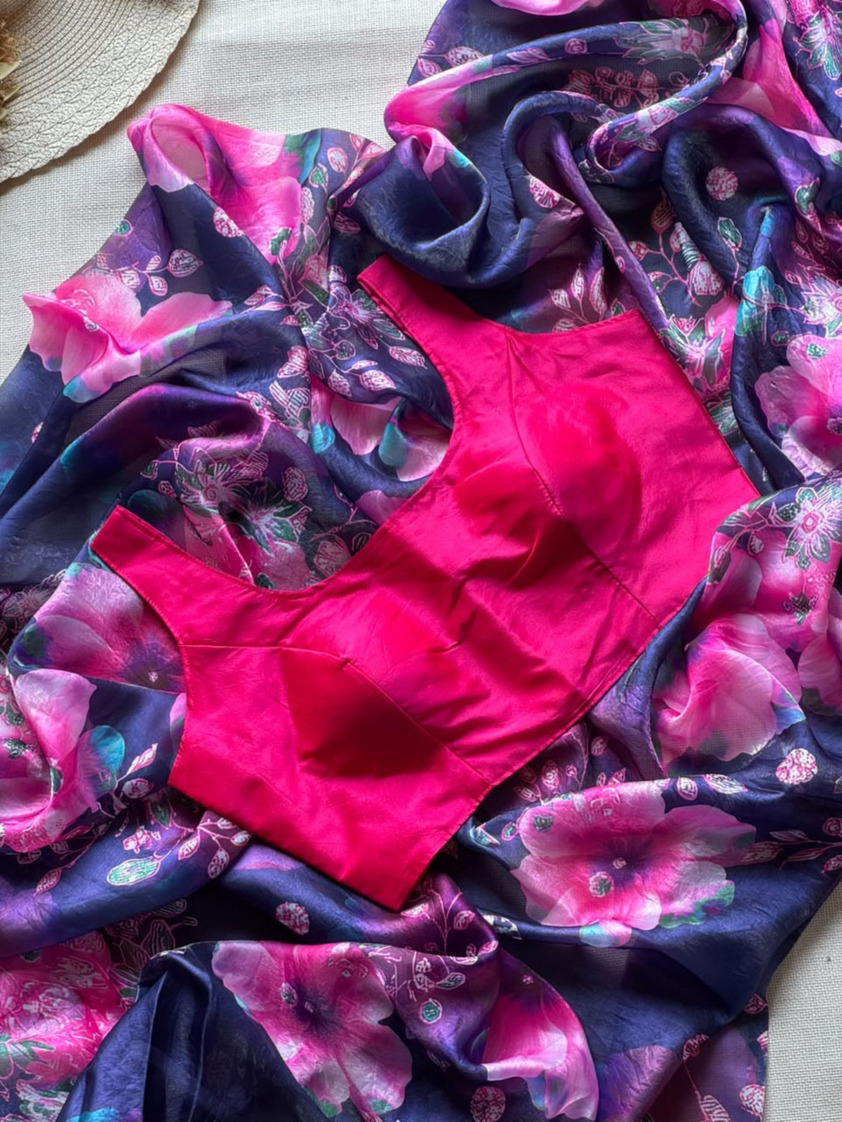 Floral digital print Space Silk saree with matching ready-made blouse - alternate print, view 1