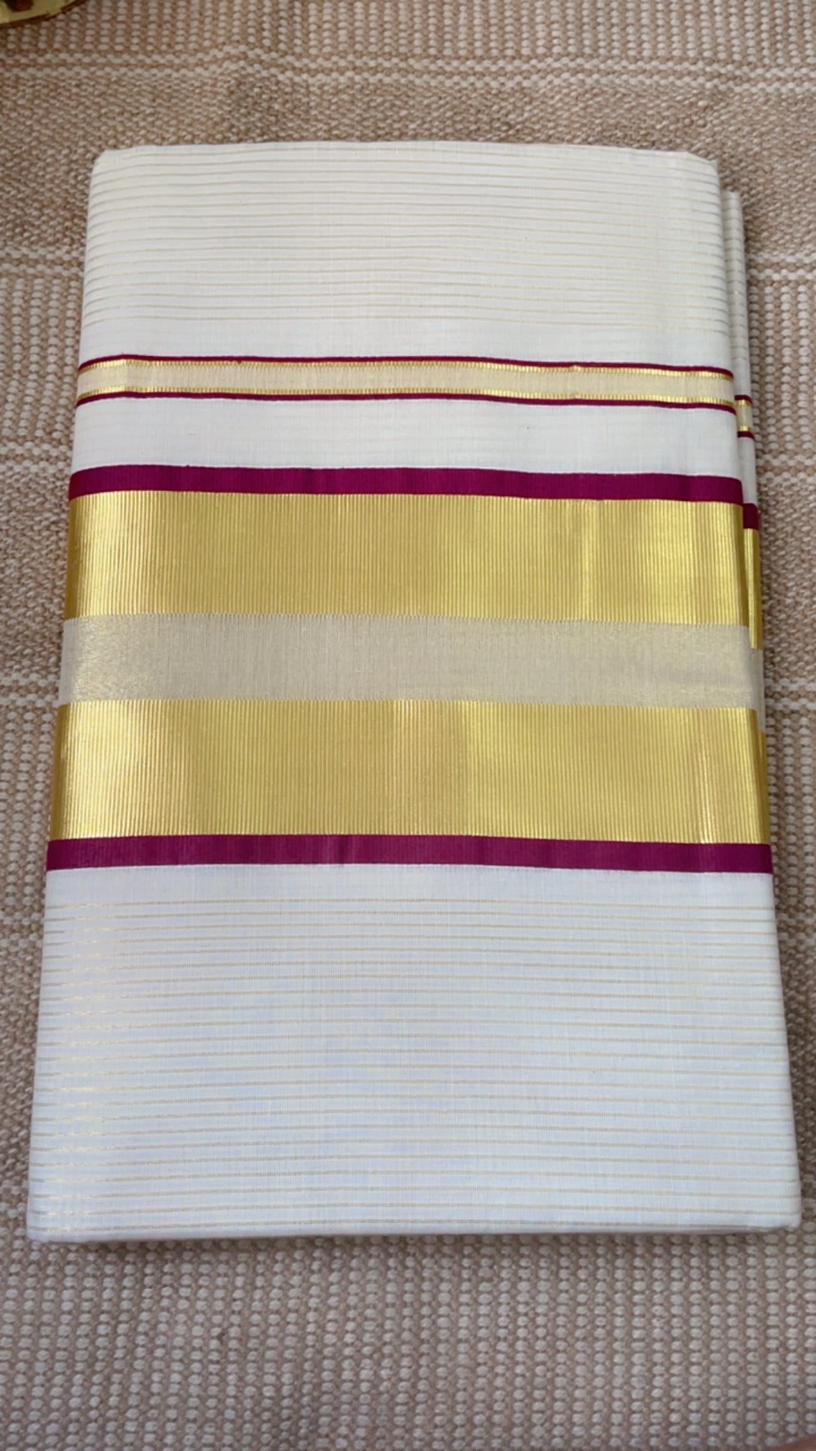 Premium Kerala Cotton Kasavu Saree with Striped Kasavu Design - Wine Colour Border